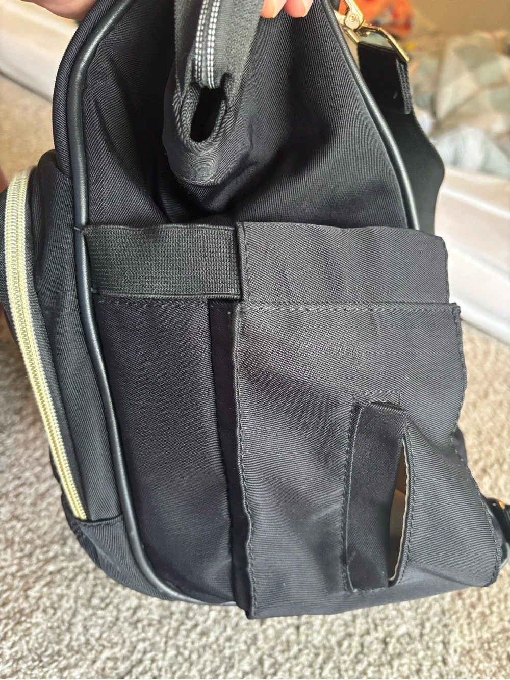 Black Quilted Baby Bag Tote with Gold Accents